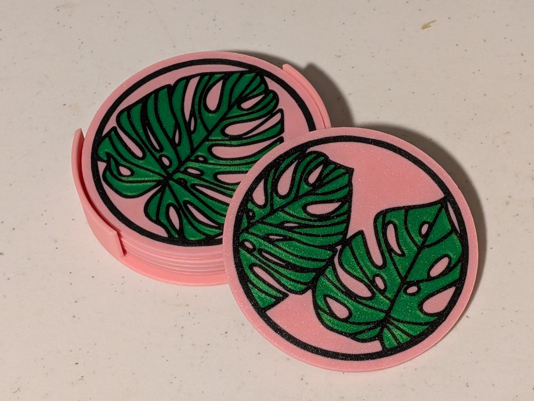 3D Printed Monstera Leaf Coaster Set – 5-Piece Set with Matching Holder | Tropical Plant Coasters | Houseplant Lover Gift